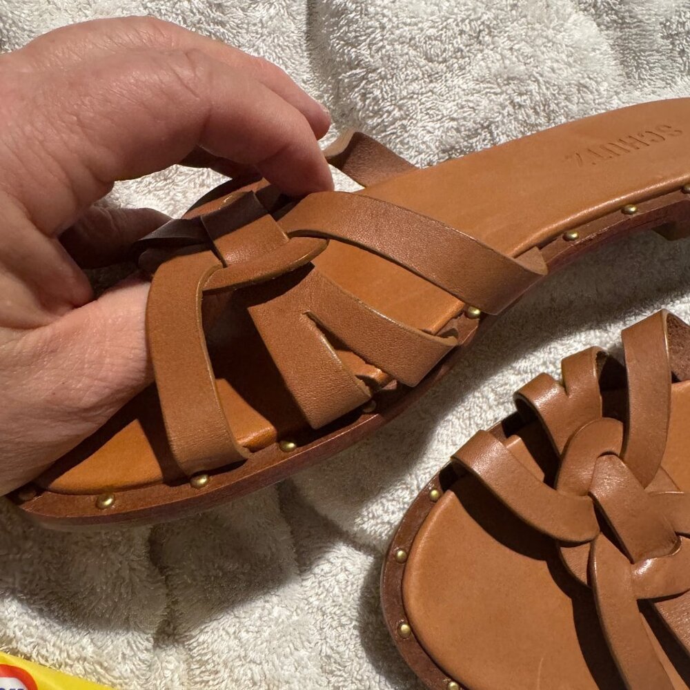 Schultz Phoenix Flat. Brown Leather. Size 8 tan brown slides slip on sandal trav - Picture 13 of 14